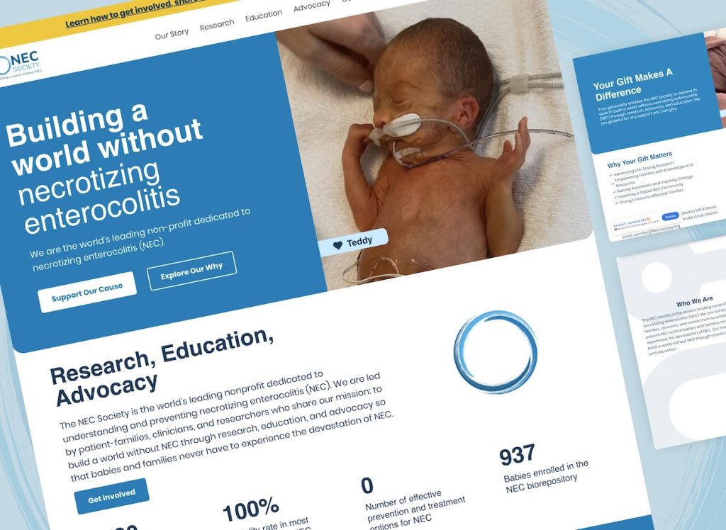 A collage of website design screenshots for the NEC Society, featuring images of premature babies in neonatal care and sections highlighting research, education, and advocacy. The design uses a clean blue and white color palette with clear donation and call-to-action areas.