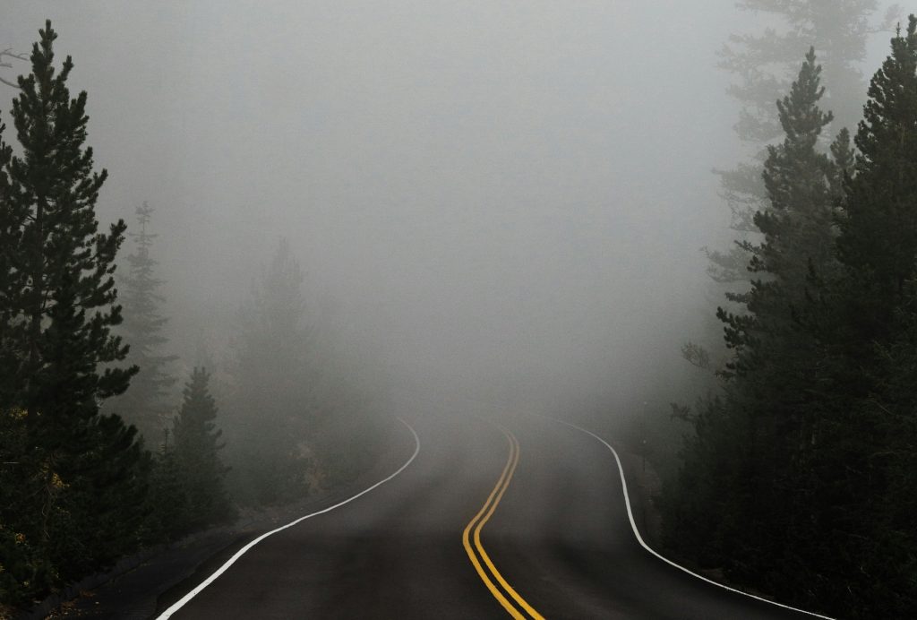 A paved road winding through a dense fog with tall pine trees on both sides, creating a scene where the path ahead is difficult to see. The image symbolizes unclear direction and the confusion caused by poor website navigation.