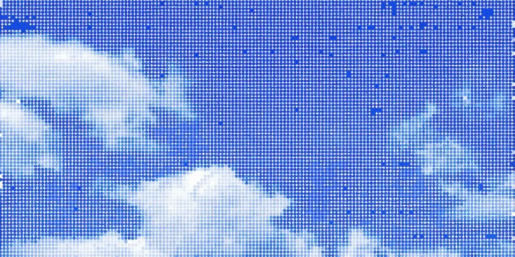A pixelated blue sky with fluffy white clouds and scattered dark spots