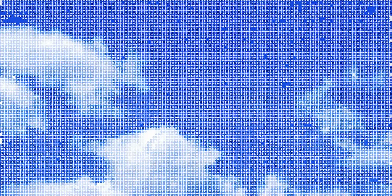 A pixelated blue sky with fluffy white clouds and scattered dark spots